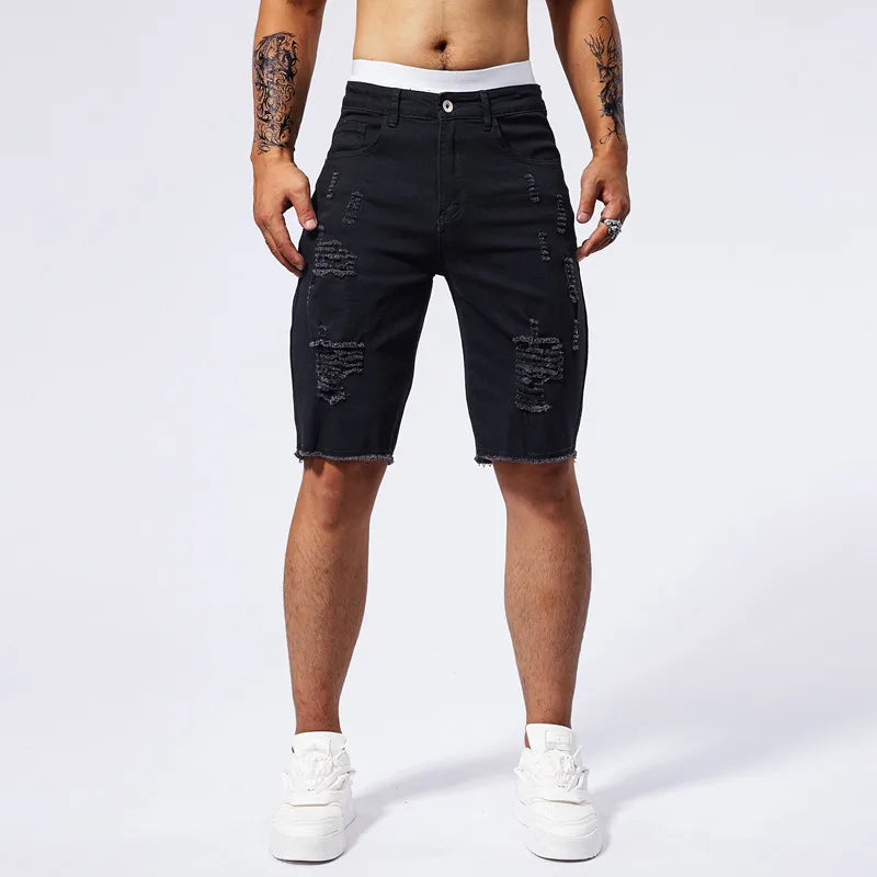 Vintage Denim Shorts Men's American Stretch Slim Jeans Fashion Ripped Streetwear Male Hole Frayed Short Pants Blue Black