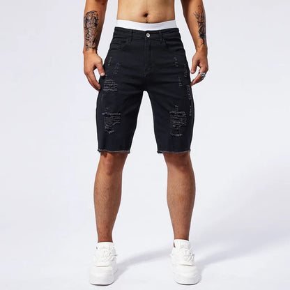 Vintage Denim Shorts Men's American Stretch Slim Jeans Fashion Ripped Streetwear Male Hole Frayed Short Pants Blue Black