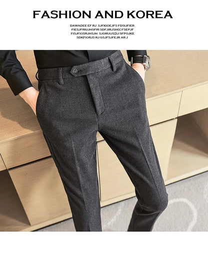 Autumn Winter Woolen Cloth Thickened Suit Pants High Quality Men Business Slim Trousers Formal Wear Office Social Dress Pants