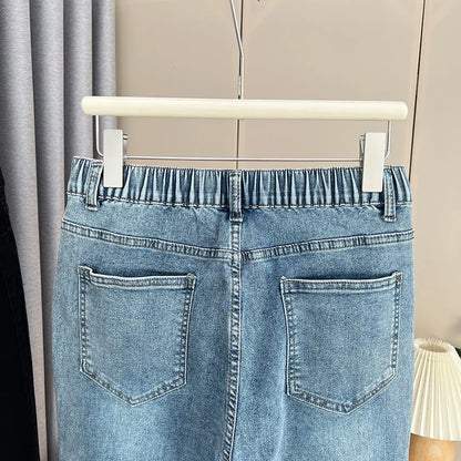 Women's Split Leg Opening Drainpipe Jeans, Casual Ankle Length Denim Pants, Straight Leg, Plus Size, Spring, Autumn, 100kg, 1649