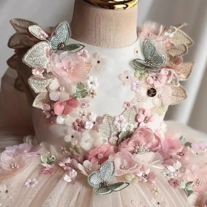 Custom Pink Floral Butterfly Tulle Flower Girl Dress First Christmas Dress Wedding Party Gown for Girls فساتين اطفال