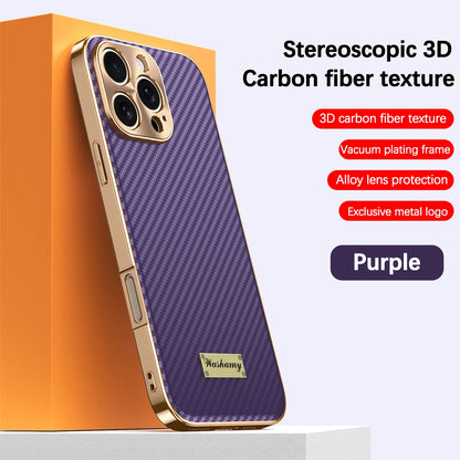 Luxury Plating Leather Carbon Fiber Texture Phone Case For iPhone 17 16 15 14 13 Pro Max Plus 17Air Alloy Lens Shockproof Cover