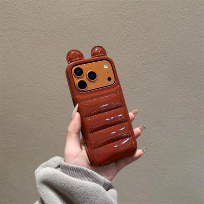 Coordinated Winter Bear-Ear Down Jacket For iPhone 17 16 15 14 Pro Max Phone Case Shockproof Fashion Cover Skin Leather Funda