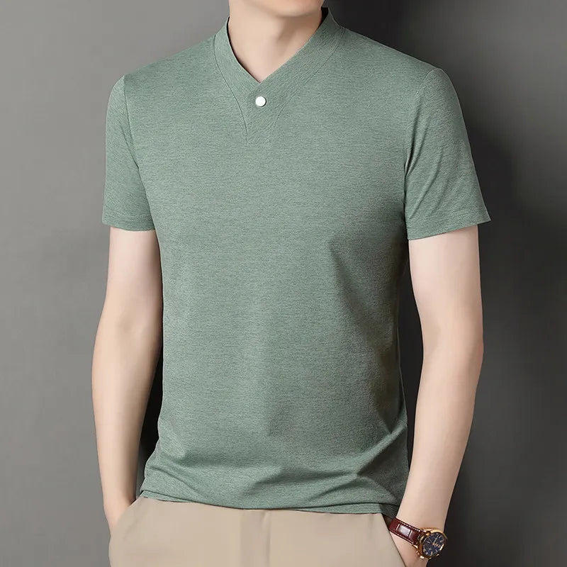 2026 Korean Style Men's Casual and Fashionable One Button V-neck Solid Color Short Sleeved T-shirt Summer Versatile Top