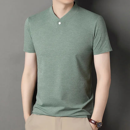 2026 Korean Style Men's Casual and Fashionable One Button V-neck Solid Color Short Sleeved T-shirt Summer Versatile Top