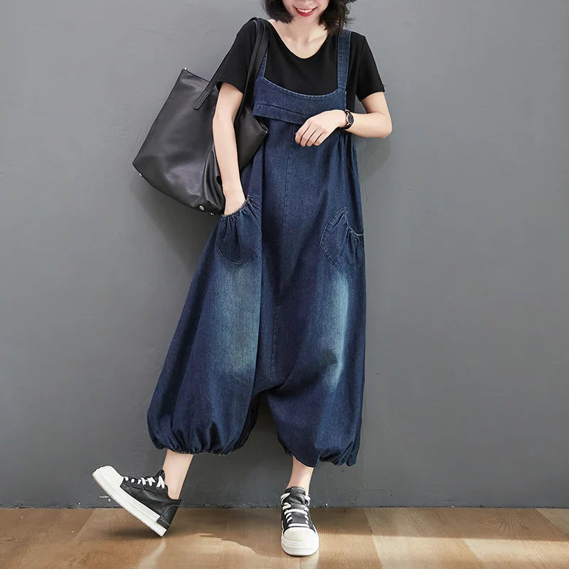 Loose Fit Denim Overalls Women's Summer 2026 Faion plus Size Lantern Leg One-Piece Pants High Waist Long Trousers