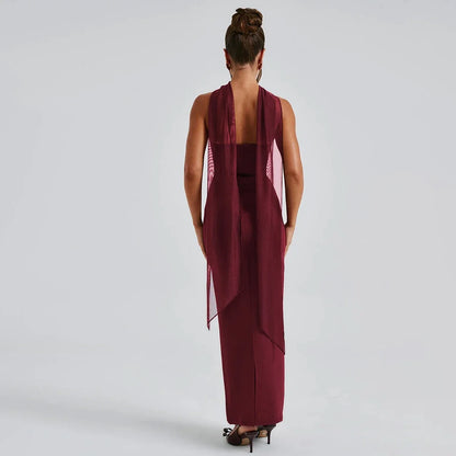 Elegant Scarf Strapless Solid Mesh Gloves Sexy Bodycon Maxi Prom Dress Women Fashion Y2K Outfits Wedding Party Birthday