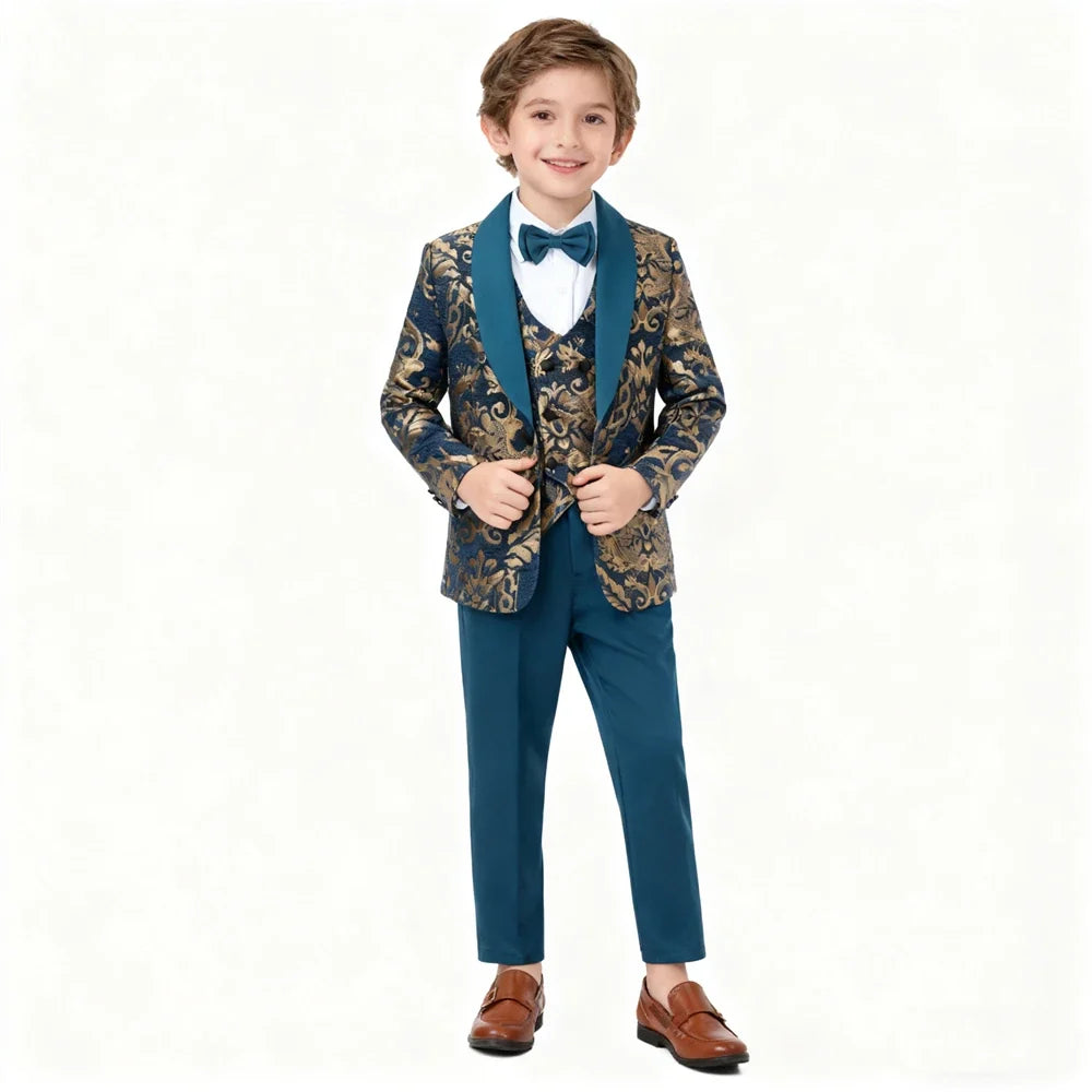 Gold Embroidery Suit Set for Boys 3-14 Yrs, Communion Suit Jacket Vest Pants Set, Stylish Shawl Neck Children Tuxedo