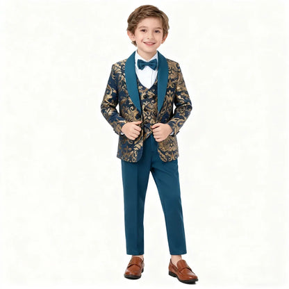 Gold Embroidery Suit Set for Boys 3-14 Yrs, Communion Suit Jacket Vest Pants Set, Stylish Shawl Neck Children Tuxedo