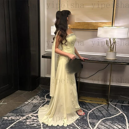 Customized Strapless Evening Dresses Pleat rhinestone Beading Draped Straight ProM Gown Modern Long Chiffon Backless Party Dress