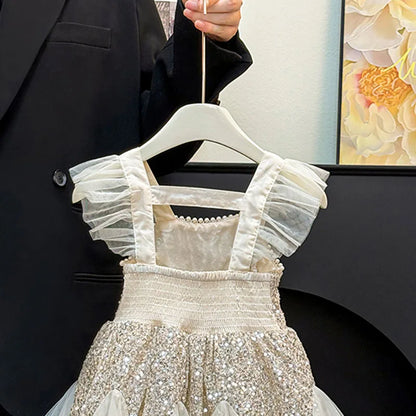 Kids Girl Clothes Sequined Flying Sleeves New Summer Party Dresses For Girls Elegant Mesh Vest Skirt Princess Dress Evening Prom
