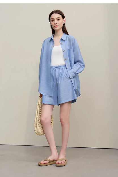 Women's Casual Shirts 2026 Summer New Holiday Style Separate Shorts Long Sleeve Top Single Loose Solid Shorts 12652027
