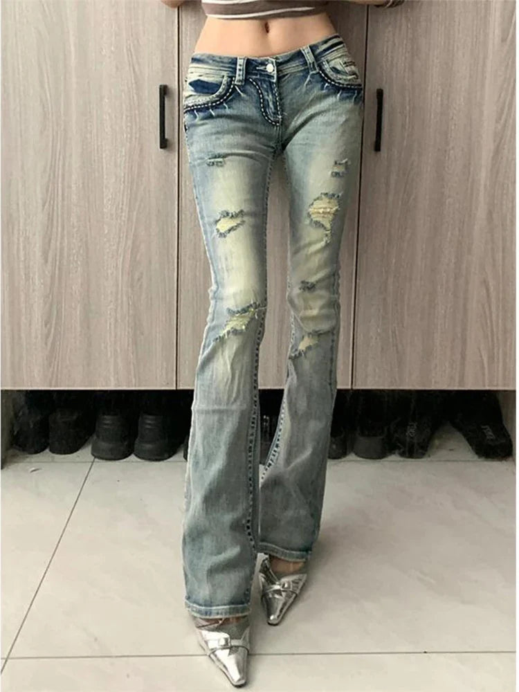 Women Grunge Low Waisted Flare Ripped Denim Pants Japanese Abi Y2k Harajuku Bell-Bottom Jeans Gyaru Baddie Style Skinny Retro