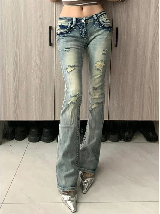 Women Grunge Low Waisted Flare Ripped Denim Pants Japanese Abi Y2k Harajuku Bell-Bottom Jeans Gyaru Baddie Style Skinny Retro