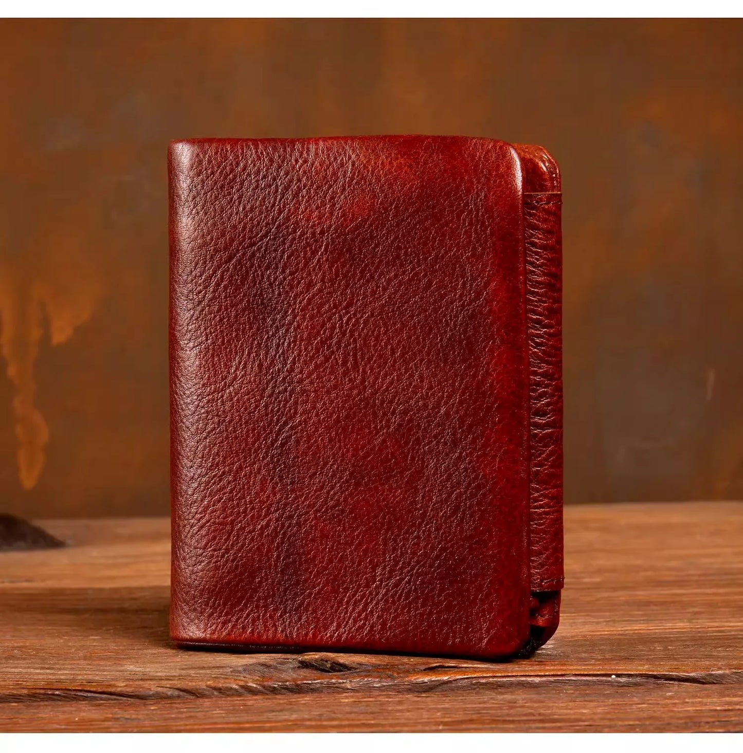 Men's Hand-Rubbed Genuine Leather Short Wallet Top-Grain Vegetable-Tanned Zipper Wallet with Driver's License Card Holder