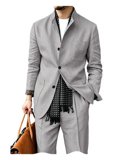 Men's Linen Blend 2 Piece Suit Set Stand Collar Breathable Casual Blazer Pants For Business Daily Wear