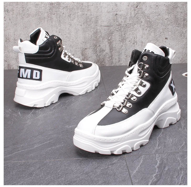 White High Top Board Boots for Men Thick Soled Men Boots with Elevated Height Inside Outdoor Casual Versatile High-top Shoes