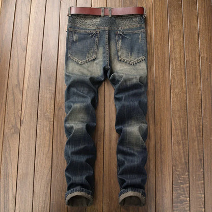 2026 New Men's Yellow Jeans, Blue Stretch Biker Trousers, Broken Hole Jeans, Fashion Popular Men Denim Pants Big Size 29-42