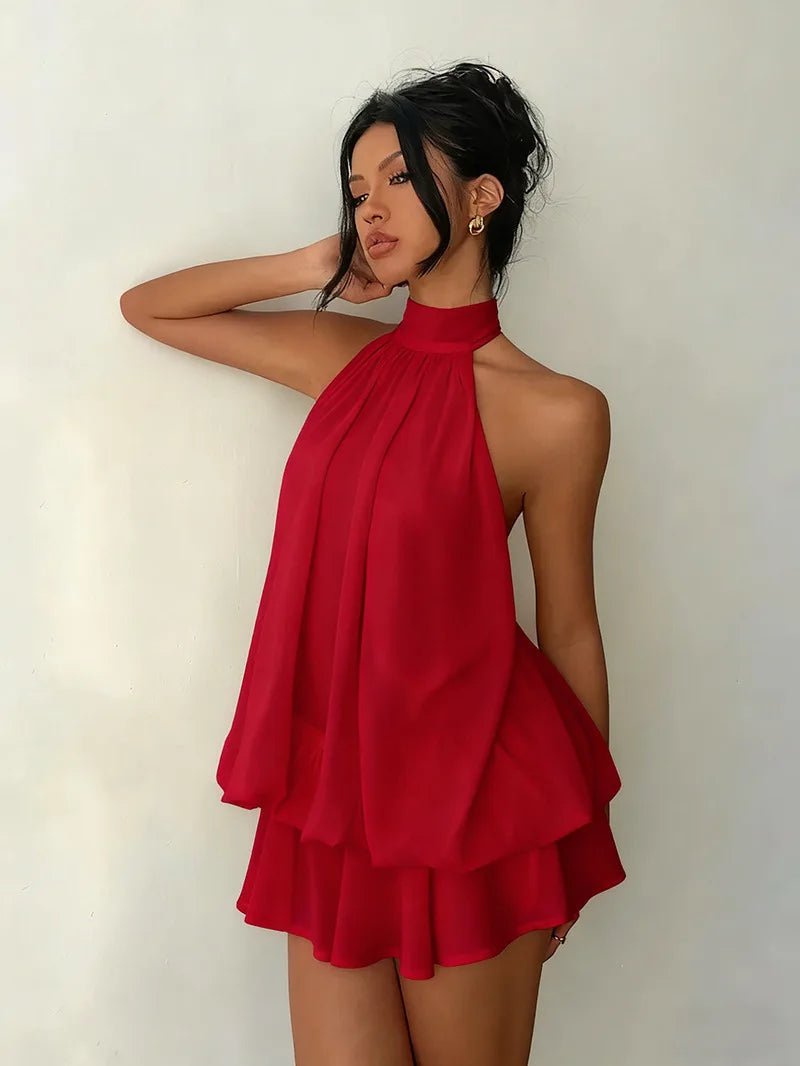 Women's Halter Neck Dress, Backless Tie-Front Chiffon Sheer Mini Skirt, Fashionable Sexy Y2K Vintage Cute Party Birthday Dress