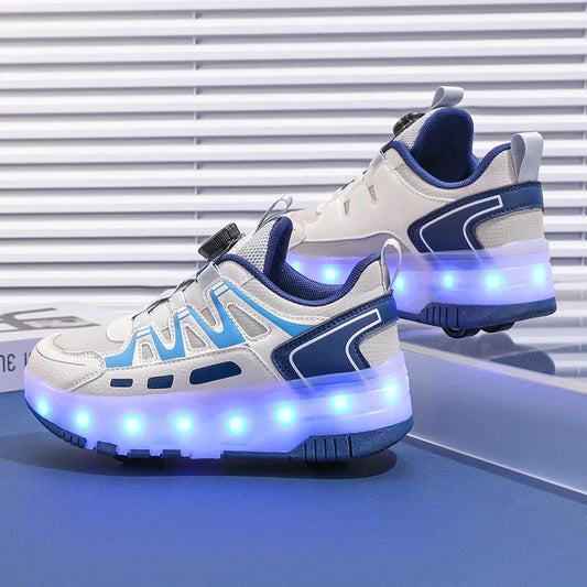 Children Four Wheels Luminous Glowing Sneakers Black Pink Led Light Roller Skate Shoes Kids Led Shoes Boys Girls USB Charging