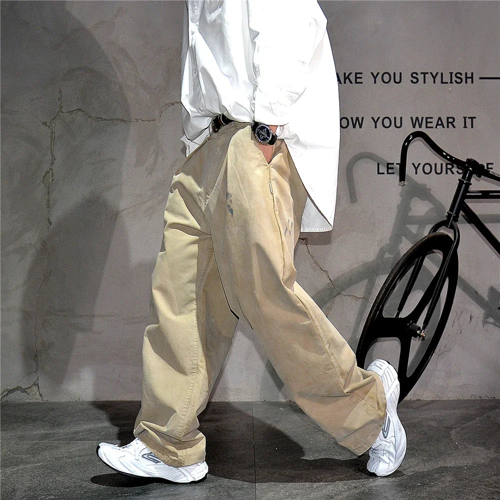 ‌Japanese Premium Vintage Distressed Paint Splash Cargo Pants Men Streetwear Loose Casual Straight Leg Haram Trousers Trendy