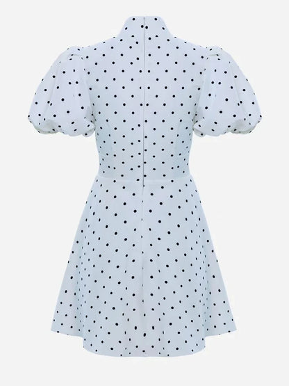 Retro Polka Dot Mini A-line Dress Elegant Stand Collar Puff Short Sleeve Waist-cinching Dresses 2026 New Lady Party Gowns
