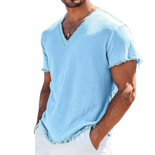 2026 Men's Summer Shirt Men's Retro V-Neck Cotton Linen Shirt Hawaii Casual Short Sleeve Beach Tops Outdoor Vacation Shirt