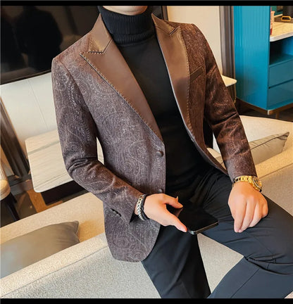 2025 Fashion Leather Neck Spliced Suit Jacket Luxury Men's Business Slim Fit Social Formal Blazers Coats Wedding Groom Tuxedos