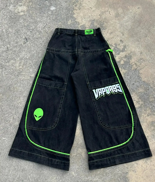 Vintage Men Jeans Gothic High Waist Wide Trouser Harajuku Vapor95 Denim Pants Embroidered Baggy Jeans Streetwear Y2K Jeans