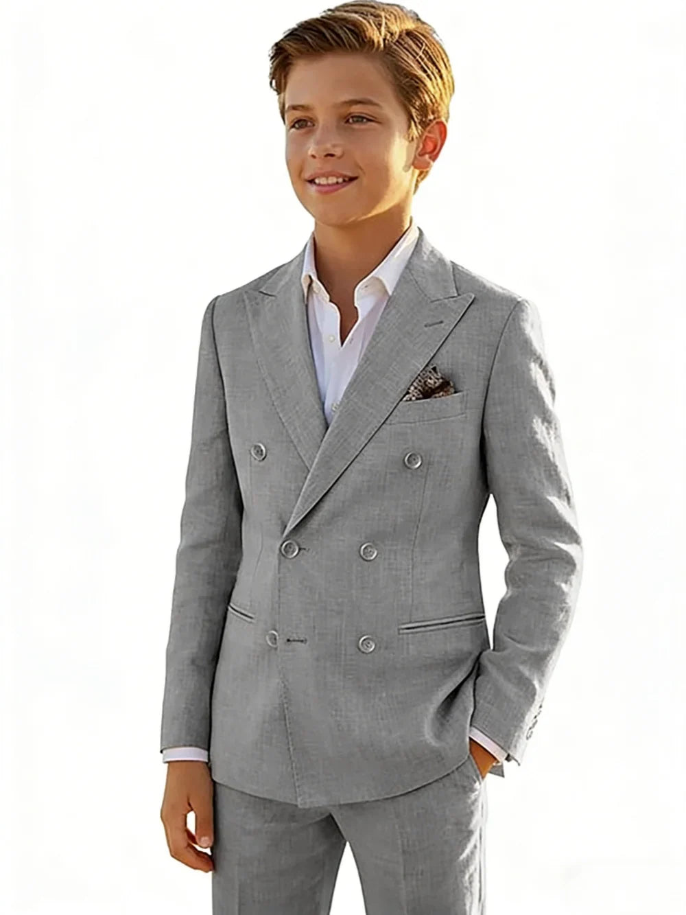 Boys Linen Suit Set 2 Pieces Banquet Party Wear Double Breasted Kids Tuxedo With Jacket Pants For Birthday Gift Elegant Suits