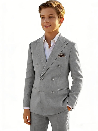 Boys Linen Suit Set 2 Pieces Banquet Party Wear Double Breasted Kids Tuxedo With Jacket Pants For Birthday Gift Elegant Suits