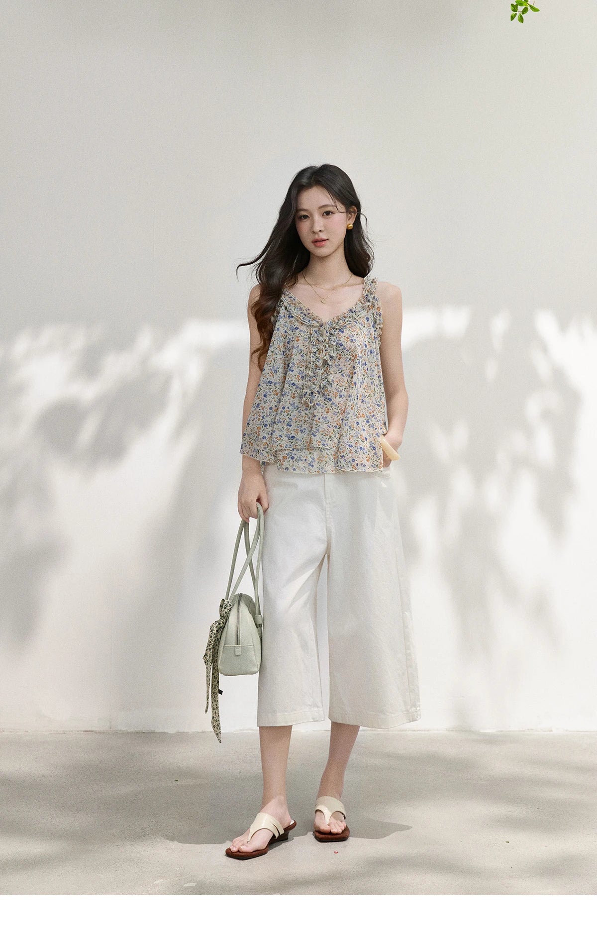 Fashion Floral Ruffles Camis For Women 2026 Summer New Loose A-Line Slimming Design Double Hem Vacation Top MXF26X2666