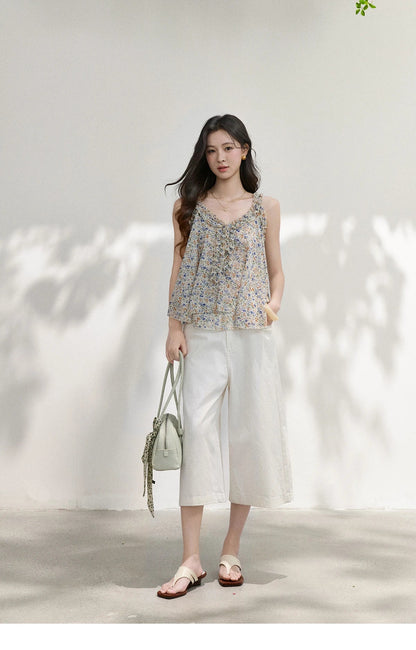 Fashion Floral Ruffles Camis For Women 2026 Summer New Loose A-Line Slimming Design Double Hem Vacation Top MXF26X2666