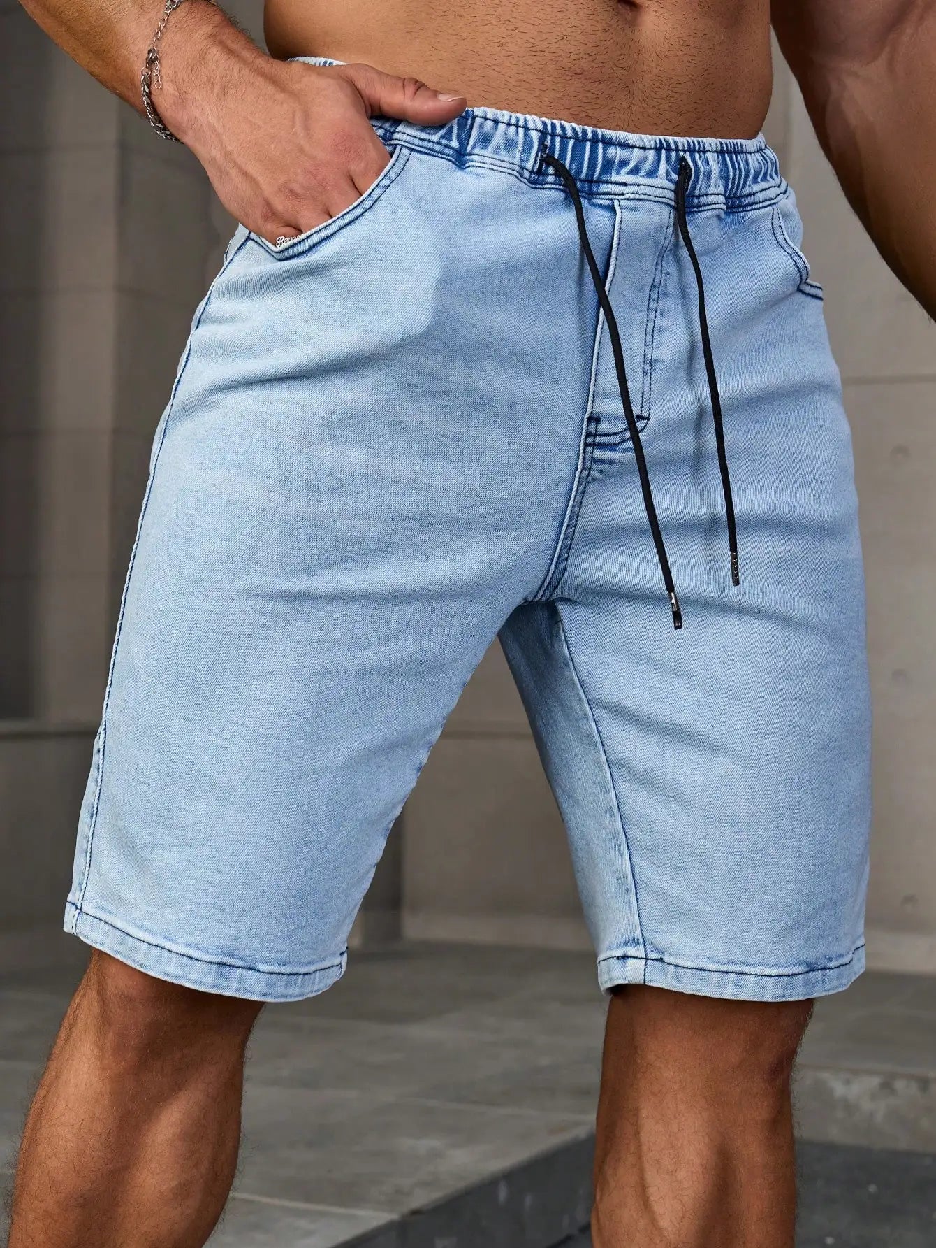 Men's Summer Denim Shorts. Light Blue Elastic-Waist Denim Shorts. Drawstring Design. Daily Casual Trend.