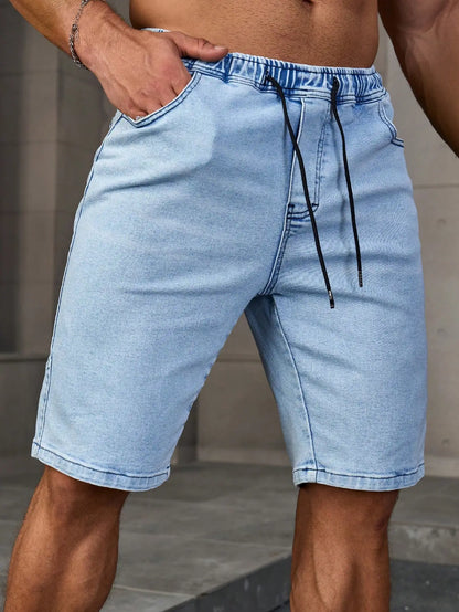 Men's Summer Denim Shorts. Light Blue Elastic-Waist Denim Shorts. Drawstring Design. Daily Casual Trend.
