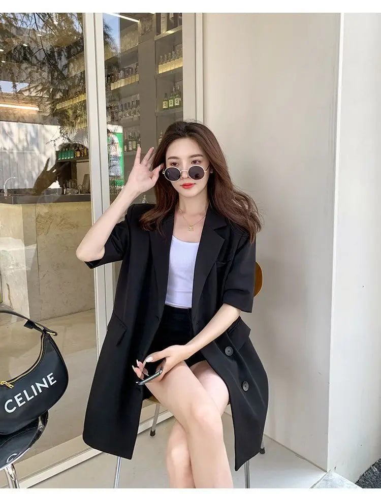 Korean Fashion Loose Thin Blazer Women Spring Autumn New Extra Large Mid Length Short Sleeved Women Coat Casual Outwear