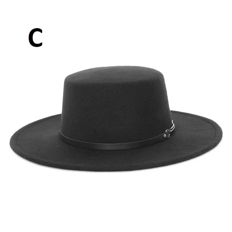 Elegant Wide Brim Fedora Hat for Women Men Flat Top Boater Hat Belt Buckle Fedoras Church Panama Hats