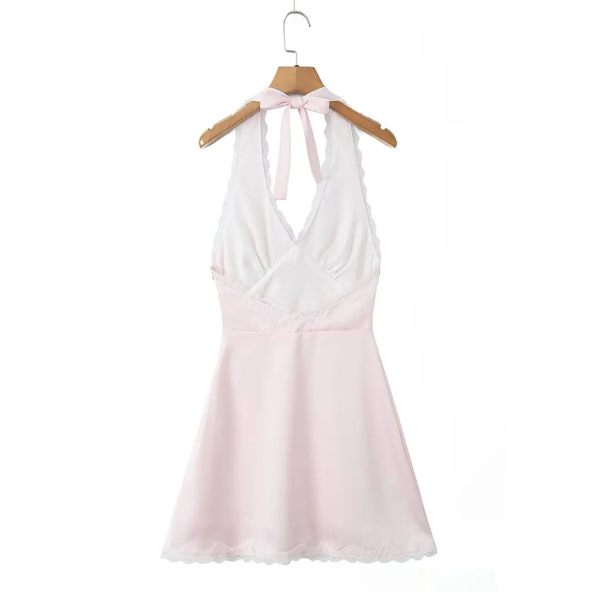 Lace Spliced Polka Dot Halter Dress Women Elegant A-line Mini Sexy Backless Dresses Summer Robe 2025