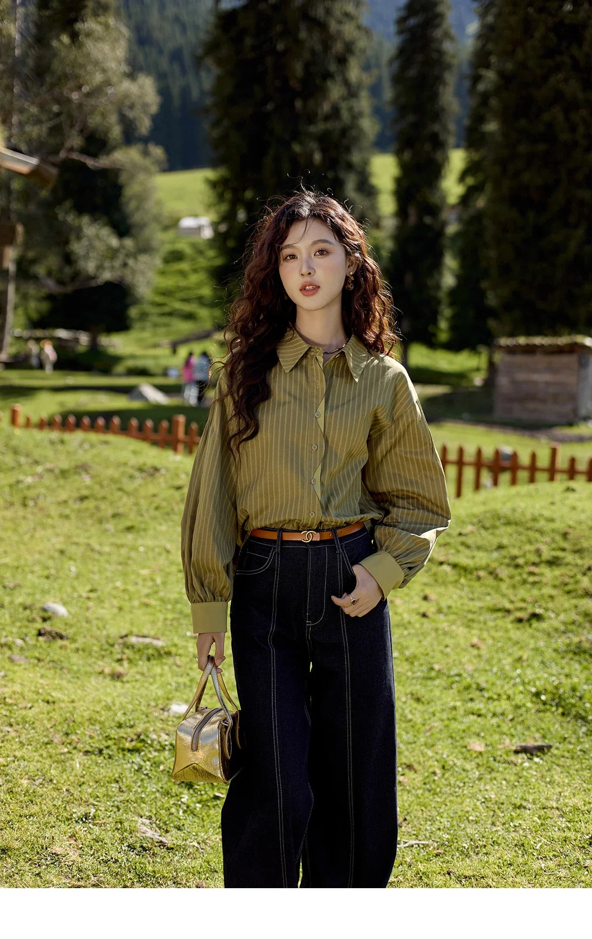 Striped Casual Shirt for Women 2024 Autumn Retro Lapel Long Sleeve Top Contrasting Cuffs Shirts Office Lady MXD42C0301
