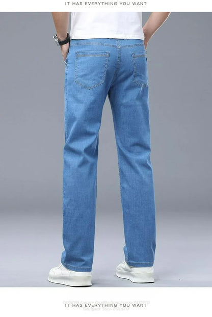 Summer Thin Men's Elastic Cotton Jeans Fashion Business Straight Casual Denim Pants Male Work Clothes Slim Trousers Plus Size 40