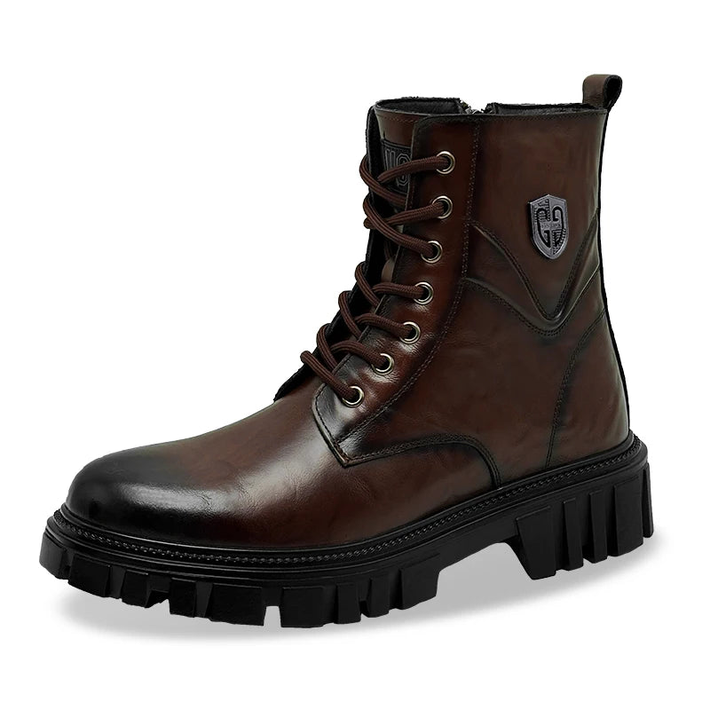 Genuine leather men's boots High top style autumn and winter Classic Black Brown Outdoor quality adult Thick soled shoes New