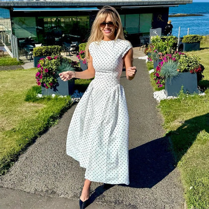 White Polka Dot Long Dress Summer Sexy High-Waisted Vintage Print Sleeveless Dress Casual Party Vacation New Women Dress