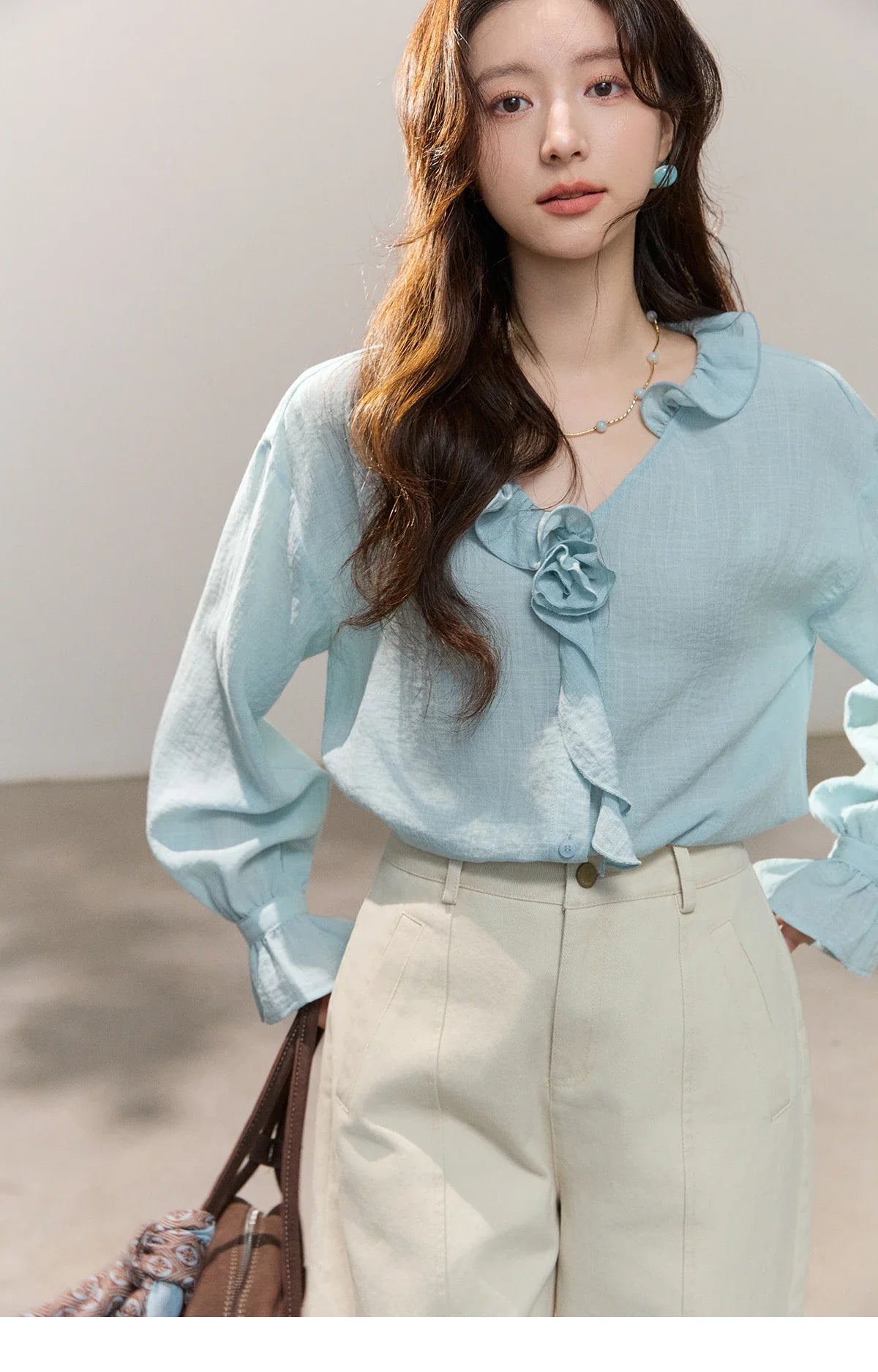 Women's Asymmetric Ruffled V-neck Shirt Spring Light Blue Floral Applique Ruffle Cuffs Top Elegant Loose Shirt MXF14C2448