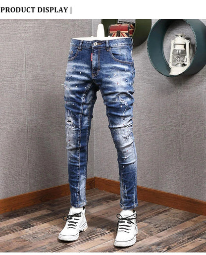 Fashion Streetwear Men Jeans Retro Black Blue Elastic Slim Fit Ripped Jeans Men Spliced Designer Embroidery Hip Hop Denim Pants
