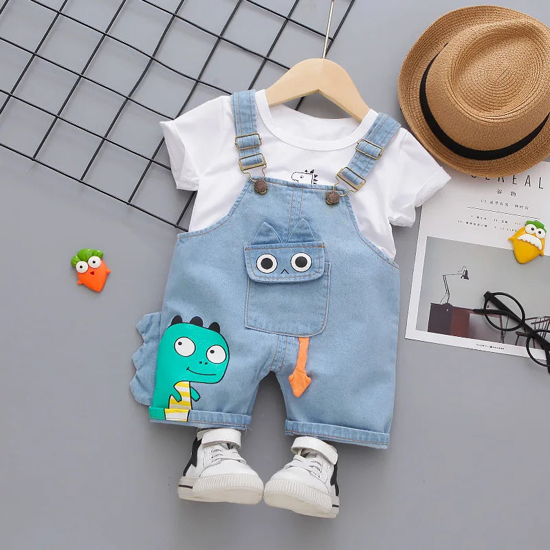 Summer Baby Boys Clothes Suit Toddler Kids Jumpsuit Boys Suspender Denim Shorts&Tshirt 2 pcs Sets Children Clothes Elastic Jeans