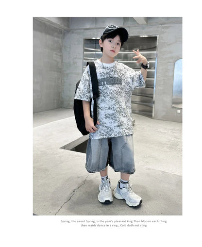 Baby Child Summer Cotton Suit With Shorts for Boy Leopard Print T-shirt + Denim Shorts Top and Bottom Clothes Set For Kids 2-14Y