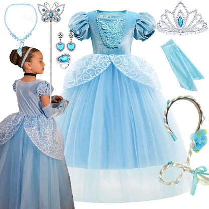 Girl Fancy Birthday Party Cinderella Ball Gown with Gloves Embroidery Floral Puffy Kids Princess Party Dress Fairy Glass Slipper
