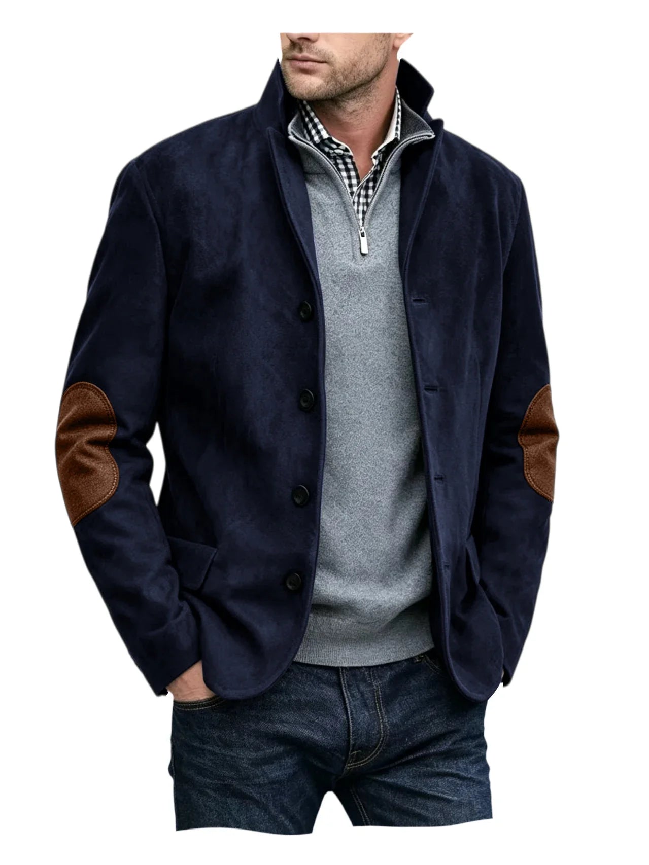 Vintage Men's Suede Blazer Notch Lapel Elbow Patches Slim Fit Jacket Business Casual Men Fashion Outerwear for Spring Autumn