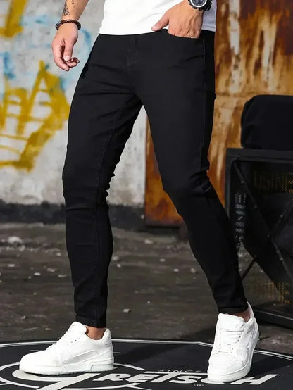 Men Jeans Stretch Skinny Denim Pants Solid Color Black Blue Spring Luxury Street Harajuku Hip-Hop Style Slim Fit Trousers Brand