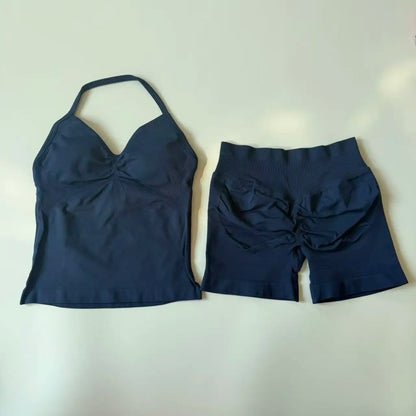Women Yoga Set Seamless Yoga Longline Strappy Tank Top Scrunch Sports Shorts Gym Clothes Woman Summer Workout Outfit